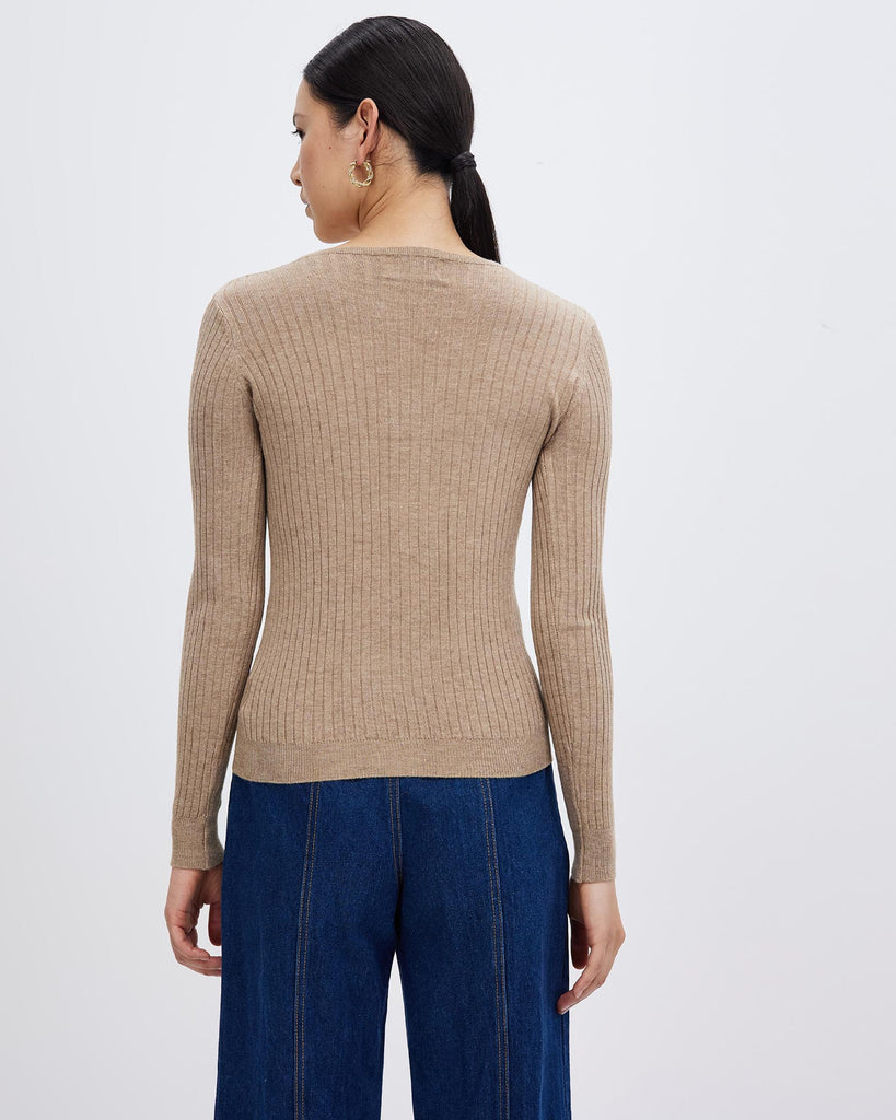 V-neck Fashion Tight Brown Knitted Sweater Back Detail
