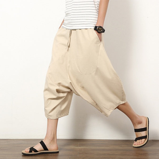 Men's lantern pants loose cotton linen shorts wide leg beach pants