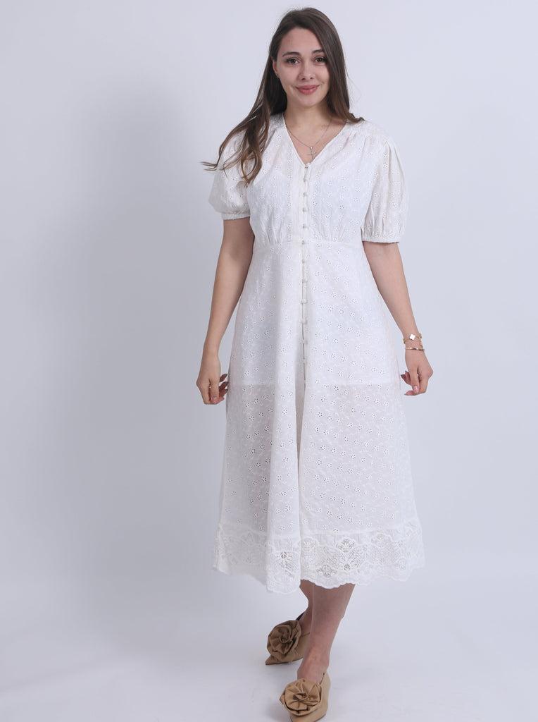 Woman White Embroidery Lace Short Sleeves Dress