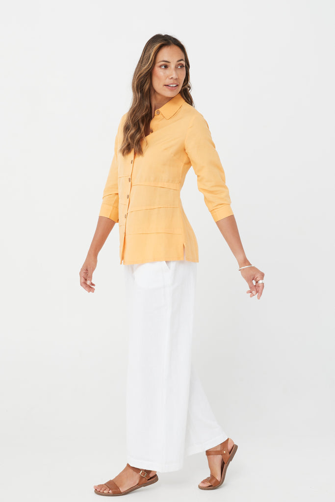3/4 Sleeve Cotton Slim Fit Shirt Yellow Top with Folding Design at Waist and Bottom