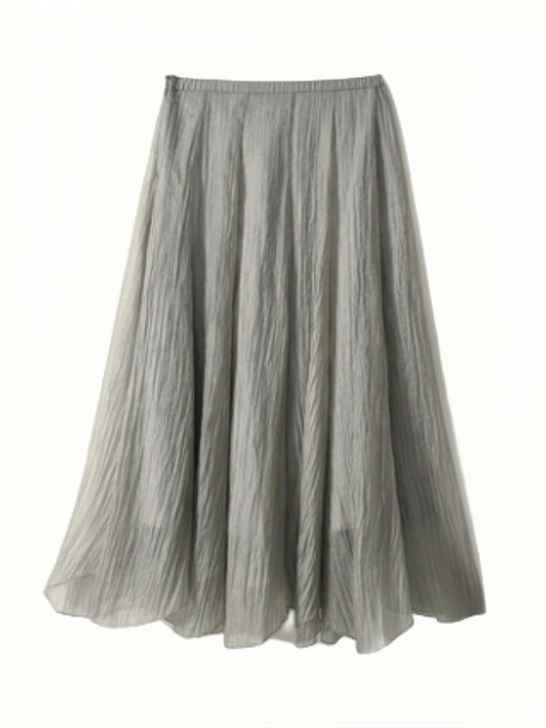 Women's A-Line Fairy Elastic Waist Tulle Midi Skirt Sheer Tutu Skirt Pleated Tiered Skirt Layered Flowing Crinkled Skirt