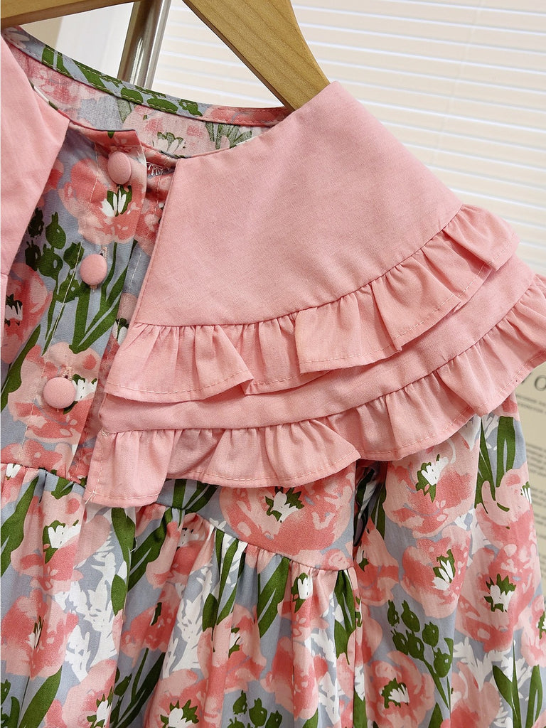 Girl's Floral Short Sleeve Dress Ruffle Hem Crew Neck Flared Swing Summer Dresses