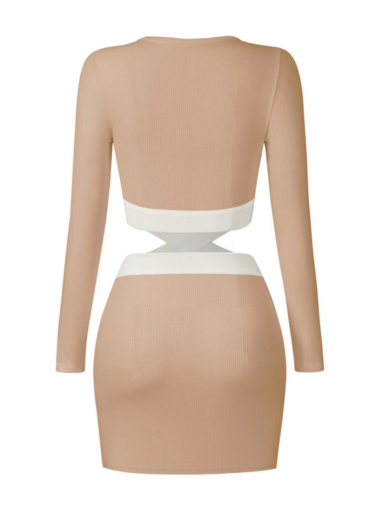 Brown lady's dress with waist cutout design and an elegant A-line skirt.