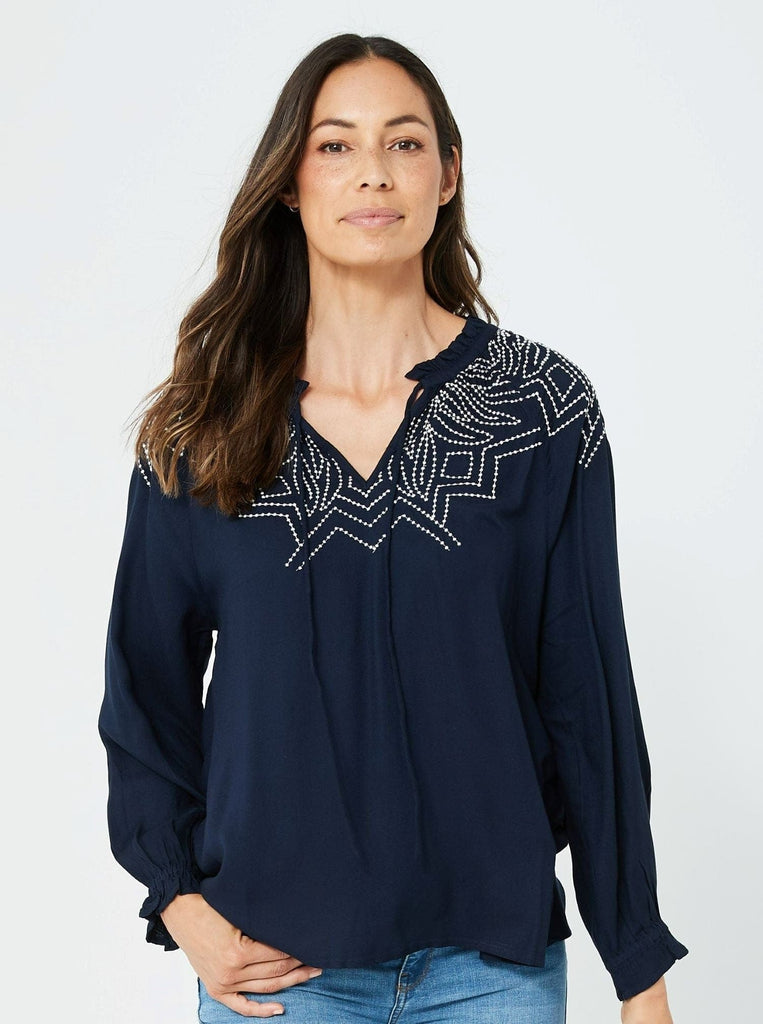Woman Long Sleeves Embroidery Casual Fashion Navy Top