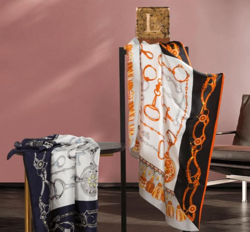 Woman's Silk Scarf, Orange Print, square 88cm*88cm,  head wrap