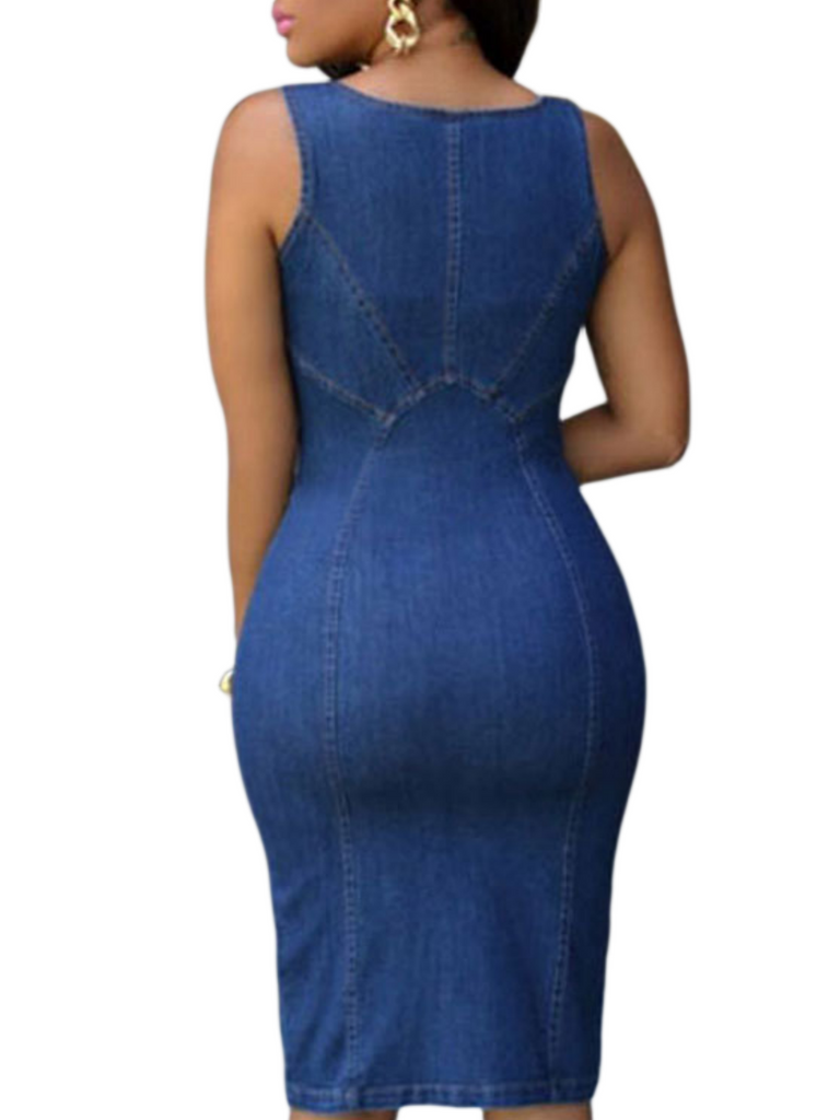 Denim Dress for Women's Slim fit Midi Dress Zipper Front Club Sleeveless Midi Bodycon Dress Denim Knee Length Dress