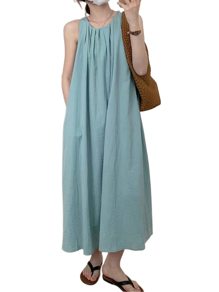 Sleeveless round neck ruffled mid-long ruffled dress in solid color