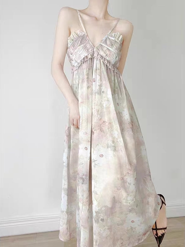 Women Floral Print Chiffon Long Dress Halter Causal Summer Dresses