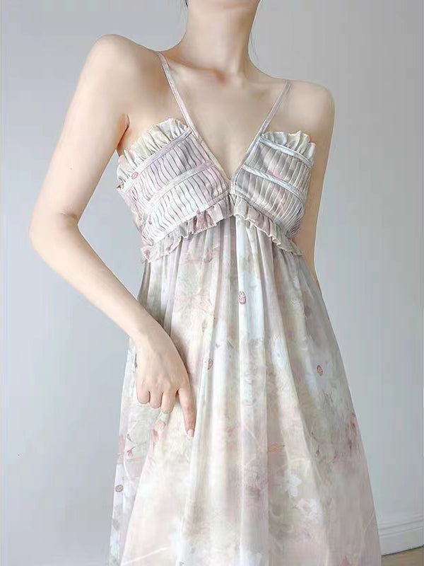 Women Floral Sleeveless Halter Neck Maxi Dress Polka Dot Backless A Line Ruffle Flowy Sun Dress