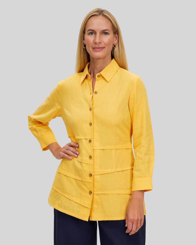 3/4 Sleeve Cotton Slim Fit Shirt Yellow Top