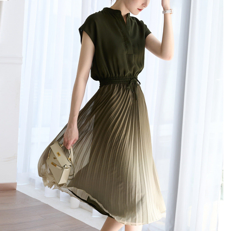Women's waistband long skirt pleated dress