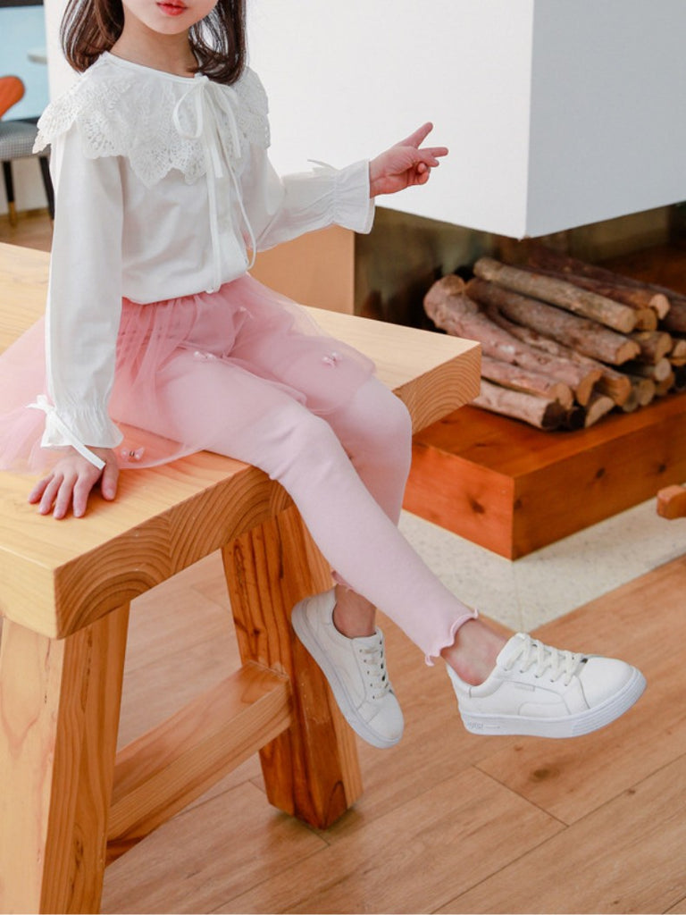 Little Girls Pink Footless Leggings with Ruffle Tutu Skirt Bowknot