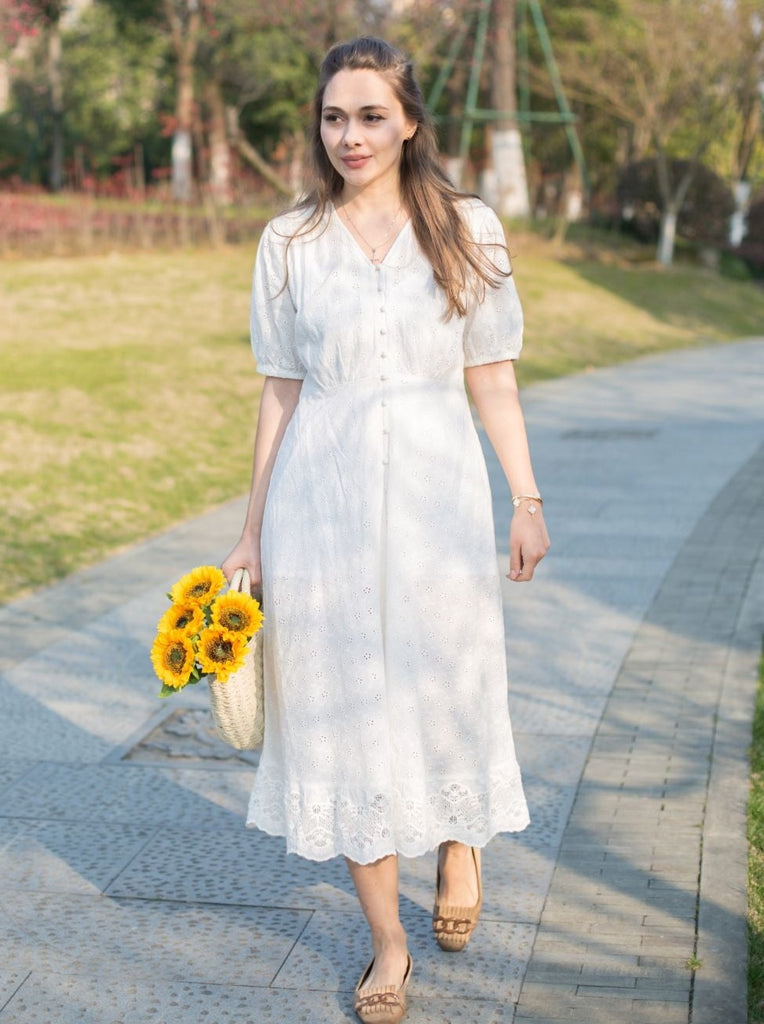 Woman White Embroidery Lace Dress Working Dress Casual Dress
