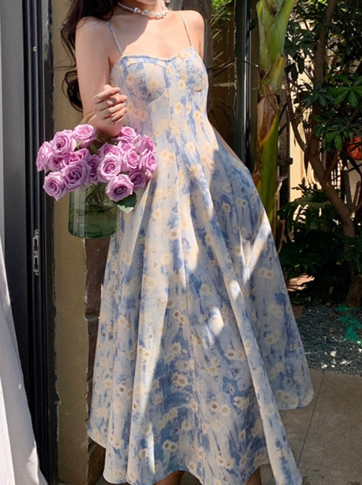 Women's Floral Print Sleeveless High Waist A Line Cami Midi Dress