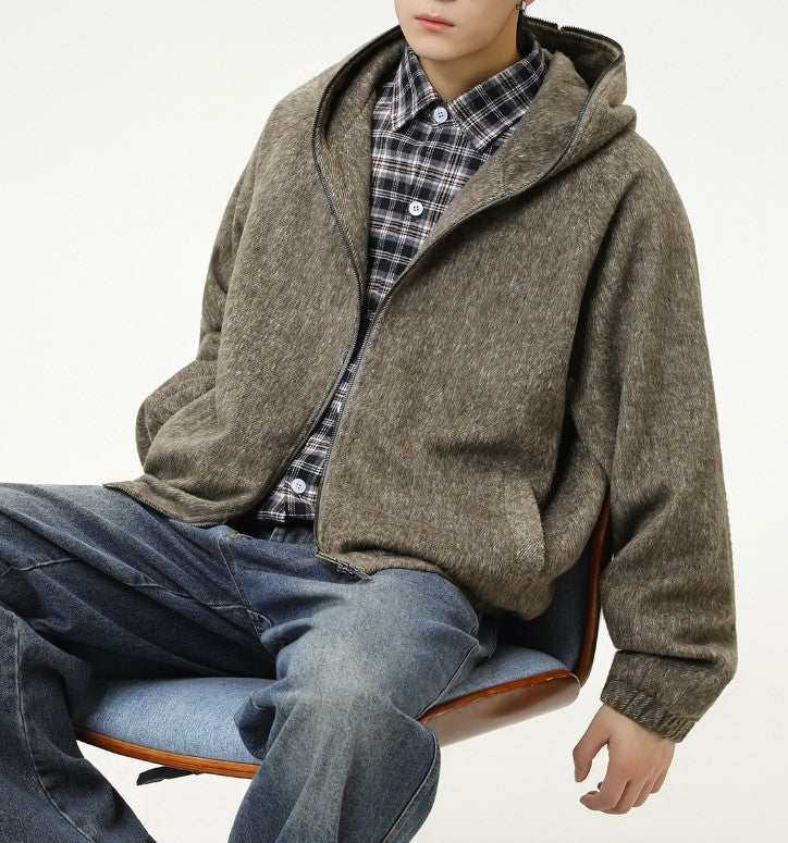 Hooded jacket men's loose fit woolen jacket vintage cardigan sweatshirt-Metallic Hoodie