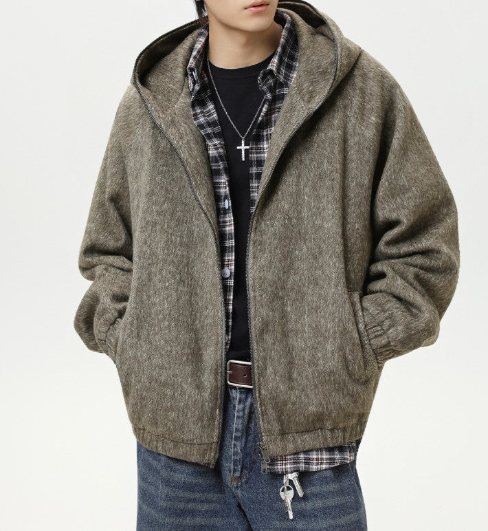 Hooded jacket men's loose fit woolen jacket vintage cardigan sweatshirt-Metallic Hoodie