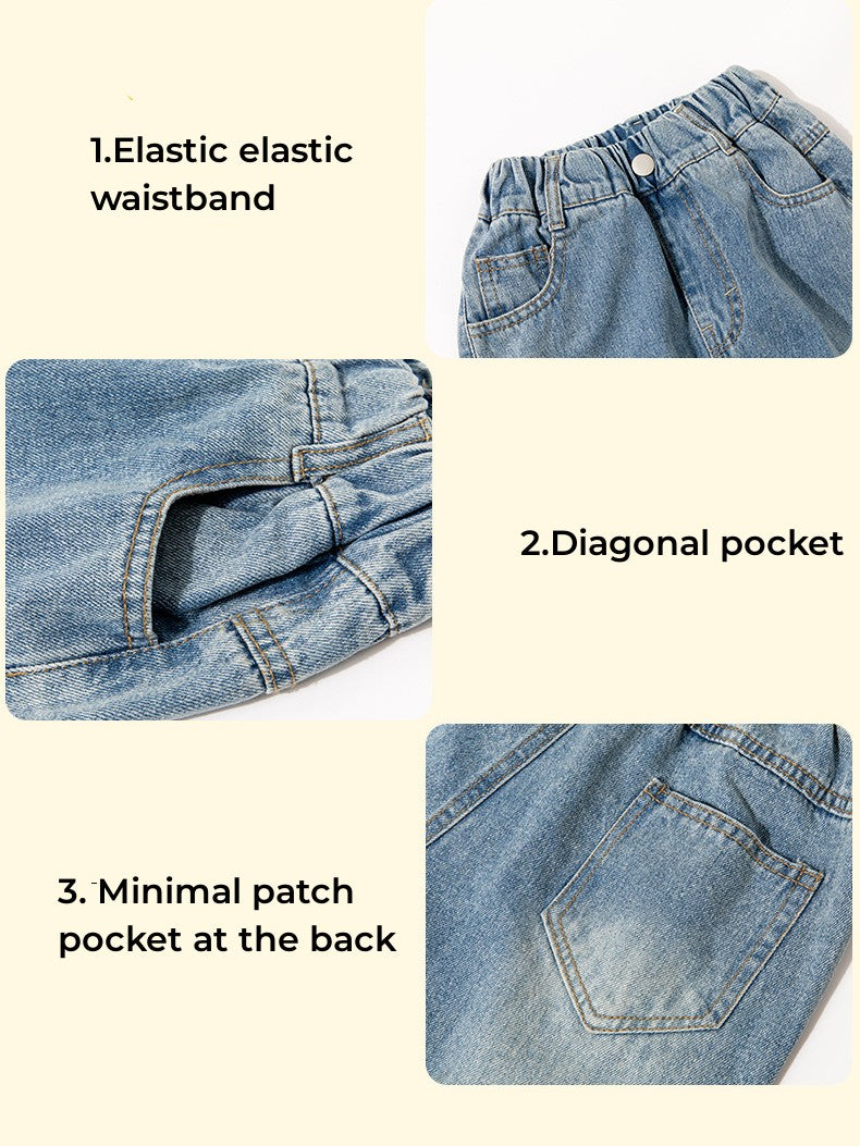 Kids' High Waisted Straight Leg Button Blue Jeans Casual Pocket