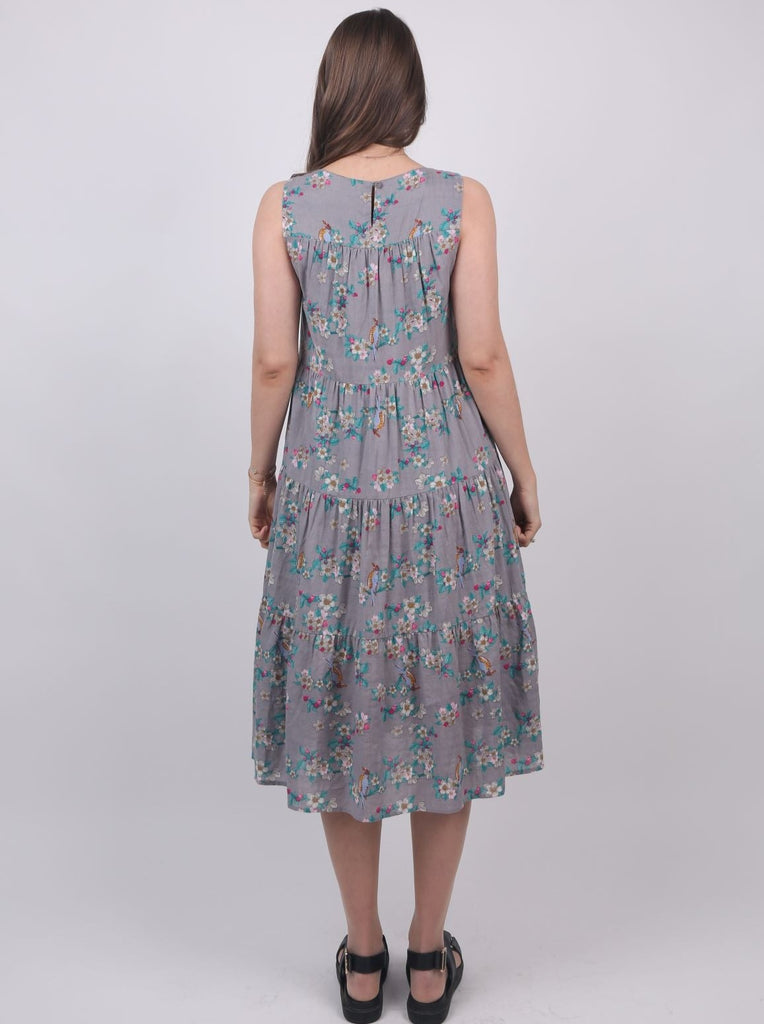 Women's sleeveless loose fitting floral bird print casual elegant cotton back dress