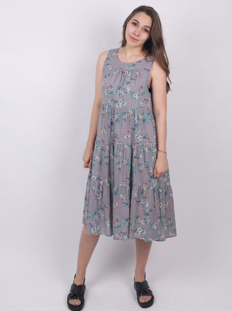 Women's sleeveless loose fitting floral bird print casual elegant cotton dress