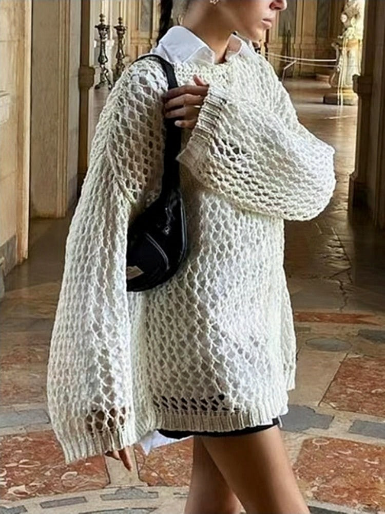 Women Sexy Crochet Hollow Out Knitwear Long Sleeve See Through