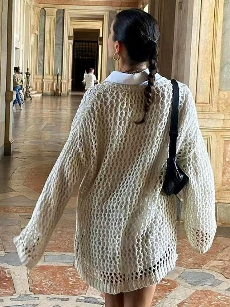 Women Knit Crochet Hollow Out Fishnet Top Long Sleeve See Through Mesh Shirt Sexy Club Streetwear