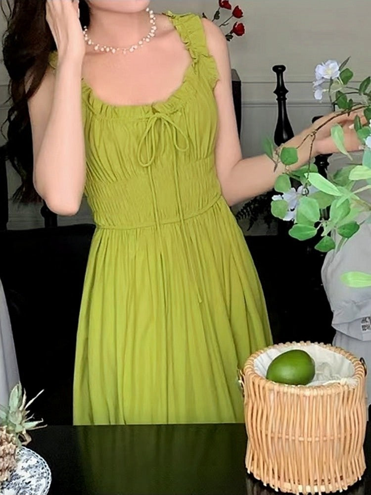 Green Halter Dress Long Skirt with Drawstring Waist for Women