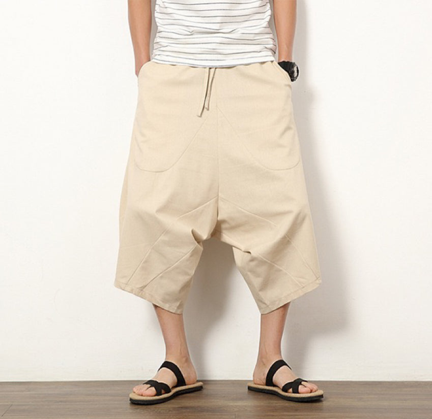 Men's lantern pants loose cotton linen shorts wide leg beach pants