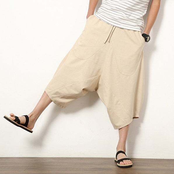 Men's lantern pants loose cotton linen shorts wide leg beach pants