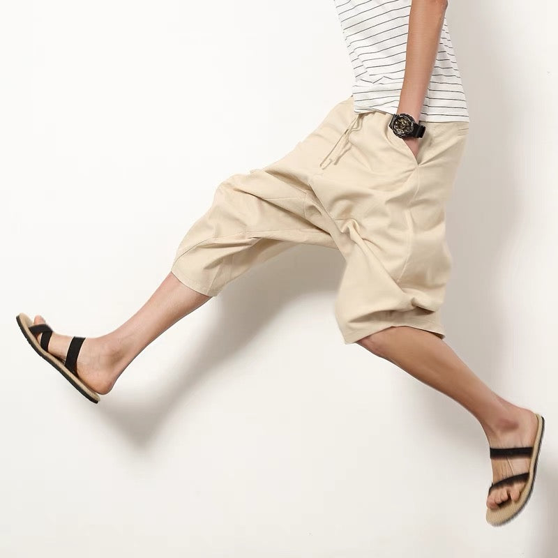 Men's lantern pants loose cotton linen shorts wide leg beach pants