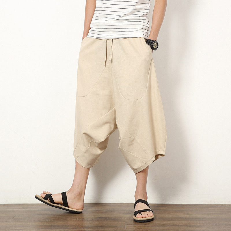 Men's lantern pants loose cotton linen shorts wide leg beach pants