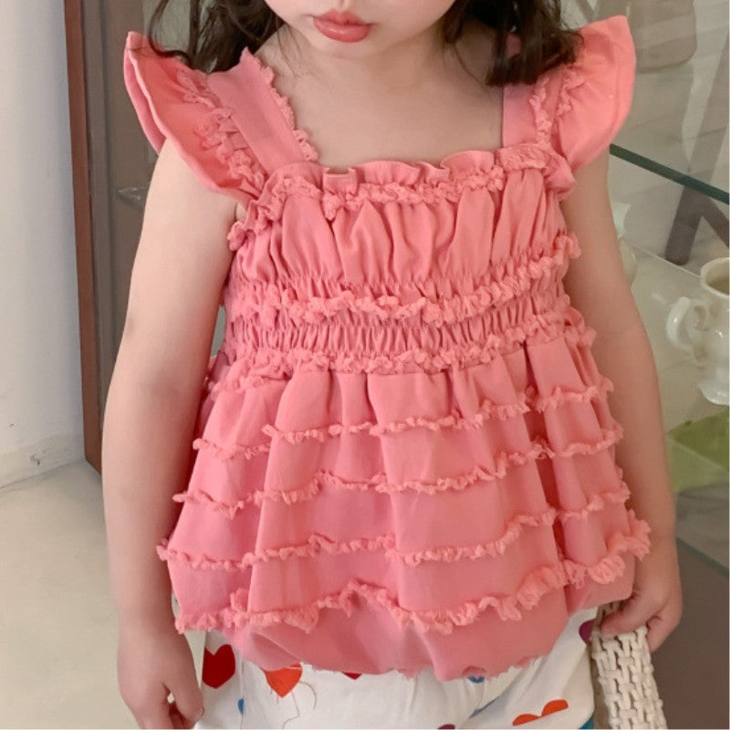 Little girl's cotton casual medium long tank top skirt with embroidered ruffle edge and sleeve cover Princess party dress suitable for young children aged 2-8