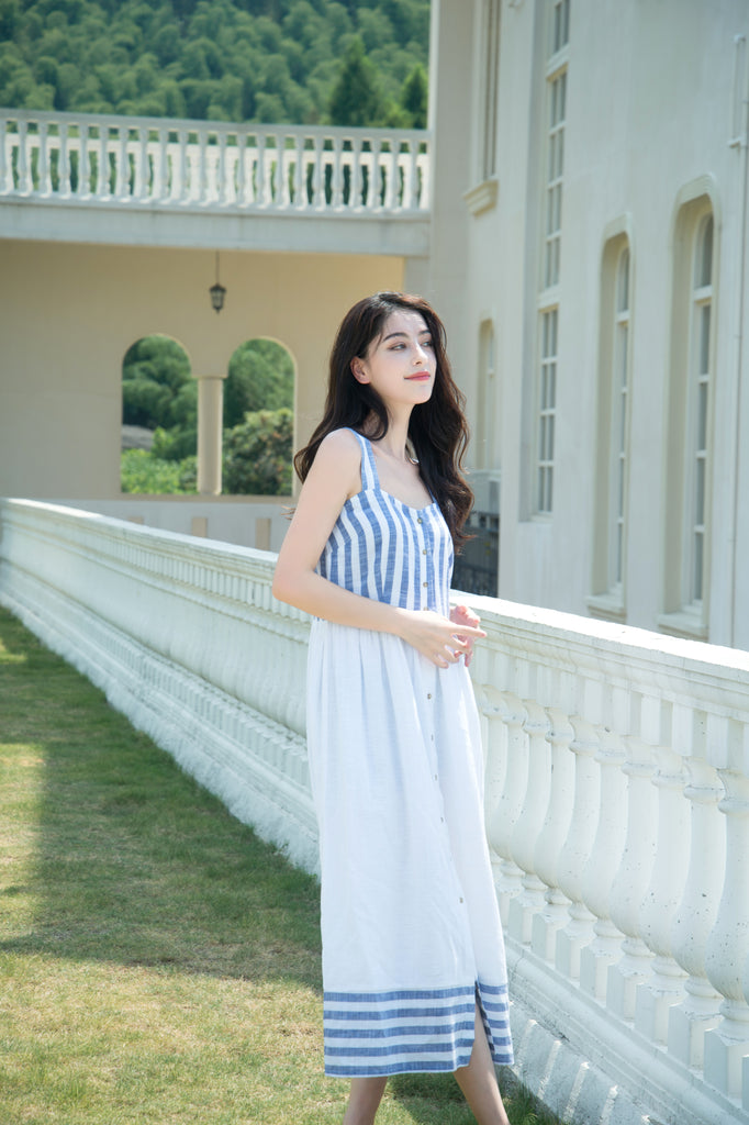 Women's sleeveless loose blue striped cotton casual dress