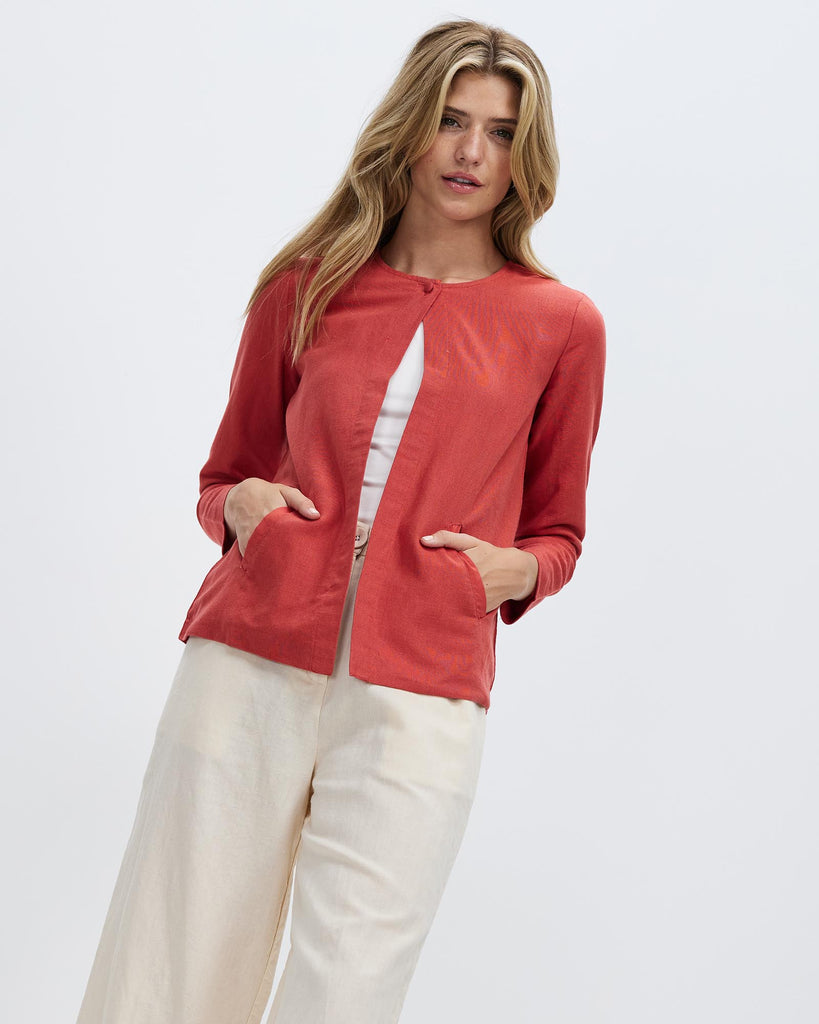 Woman Linen and Cotton Fashion Casual Long Sleeves Jacket, Alexia Jacket - Rust Red