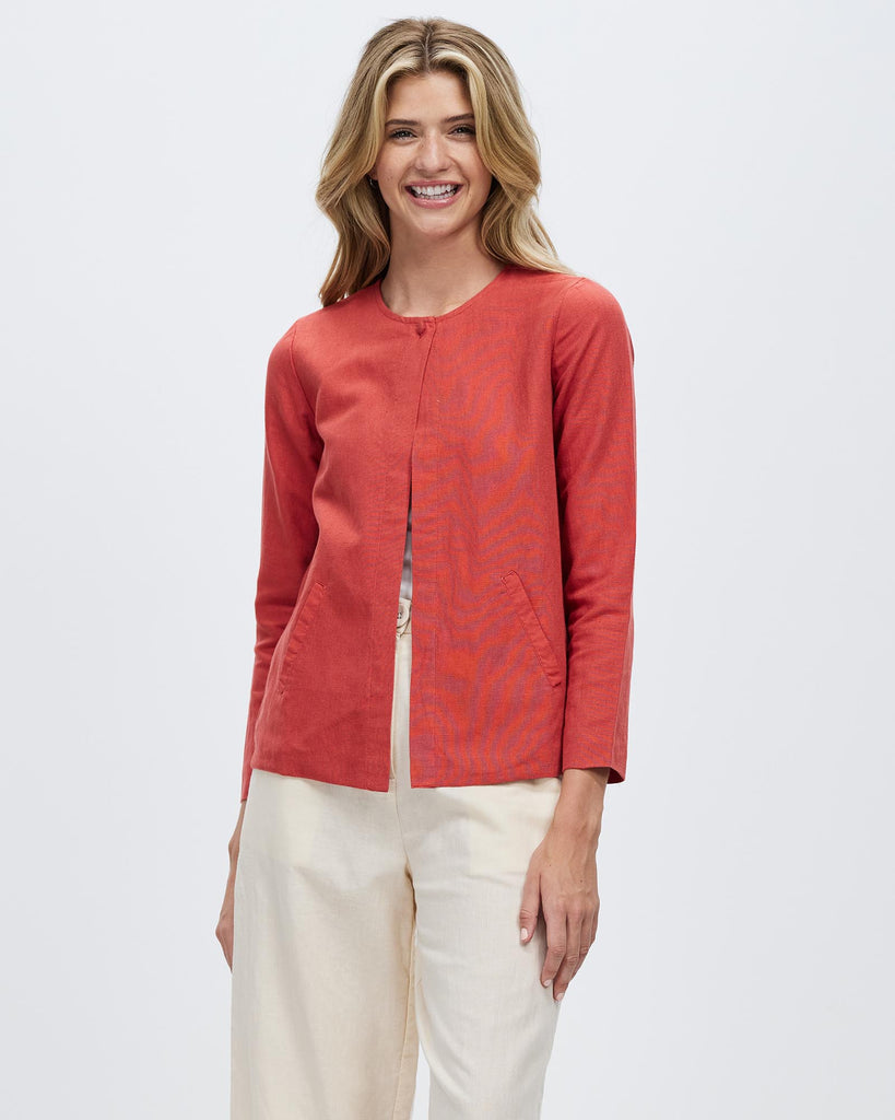 Woman Linen and Cotton Fashion Casual Long Sleeves Jacket, Alexia Jacket - Rust Red