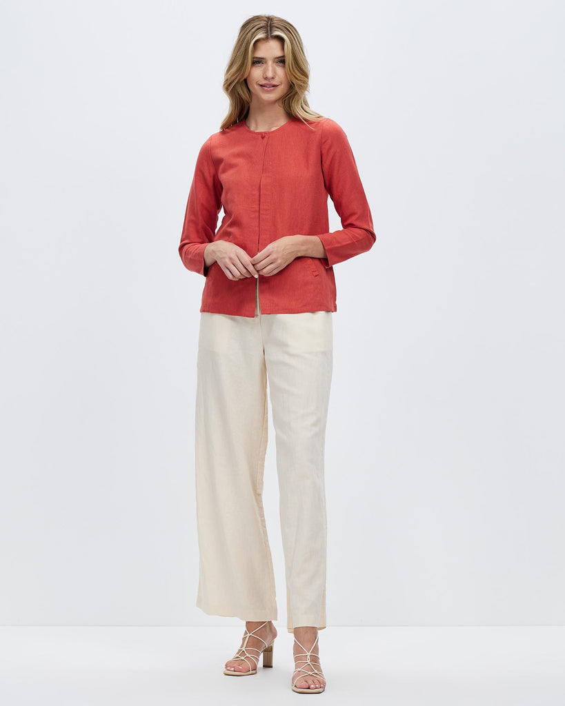 Woman Linen and Cotton Fashion Casual Long Sleeves Jacket, Alexia Jacket - Rust Red