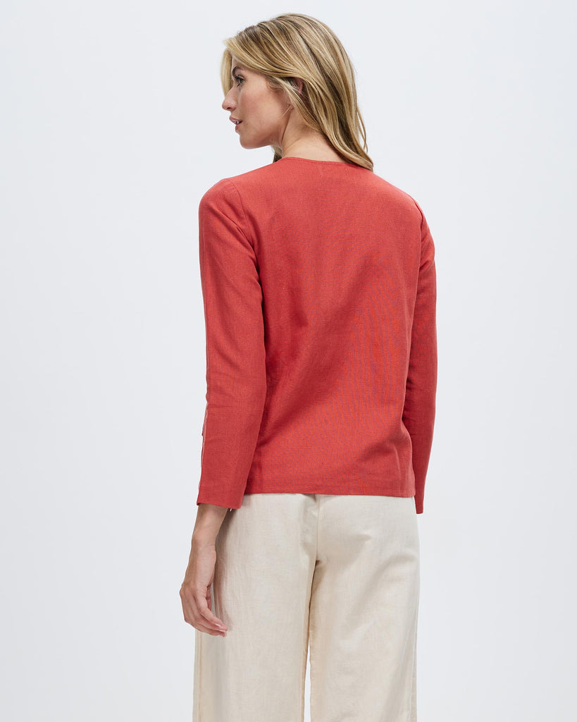 Woman Linen and Cotton Fashion Casual Long Sleeves Jacket, Alexia Jacket - Rust Red
