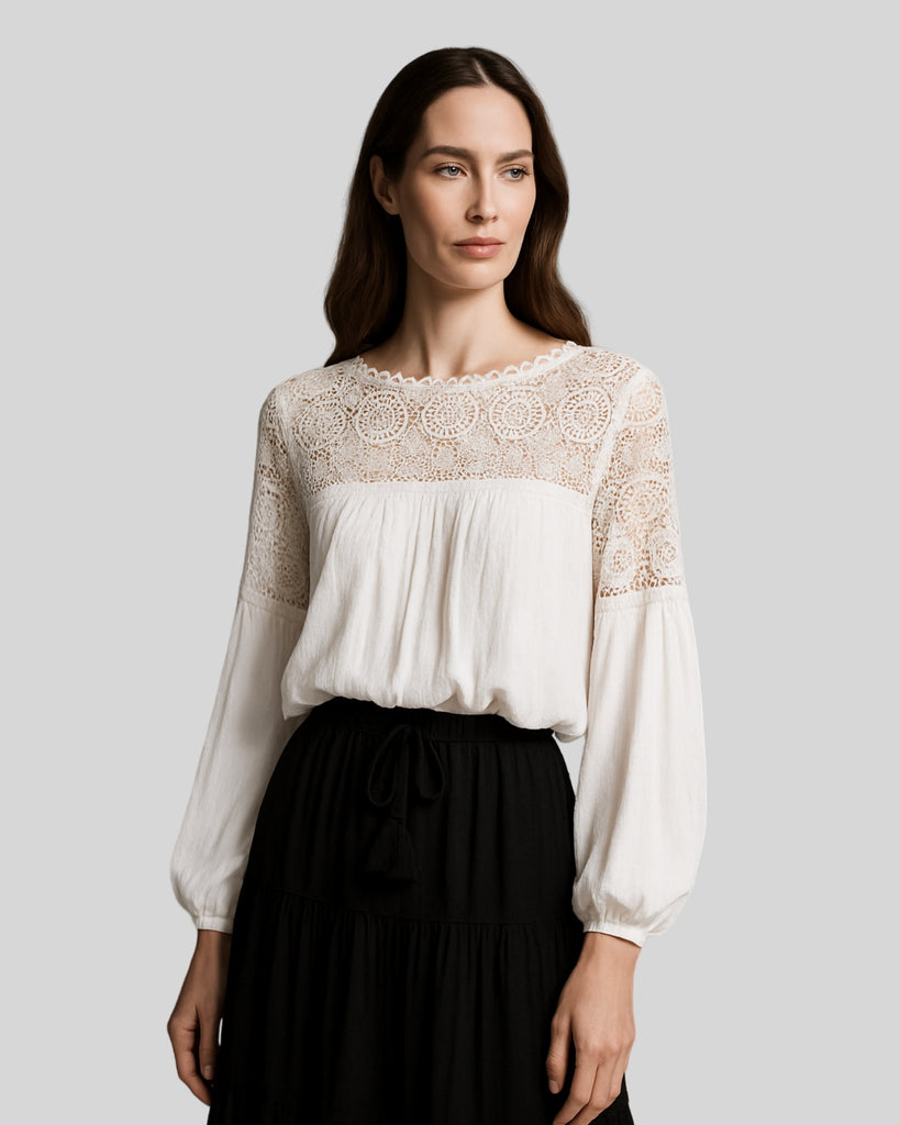 Woman Long Sleeves Casual Top Winter Top Holiday Top White Top Sheree Top | White | Cotton