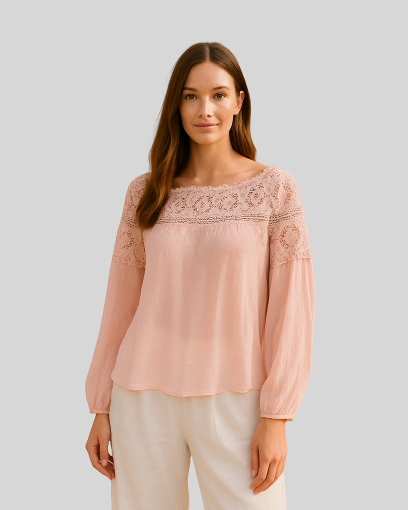 Woman Long Sleeves Top Embroidery Top Winter Top Sheree Top | Pink/Viscose