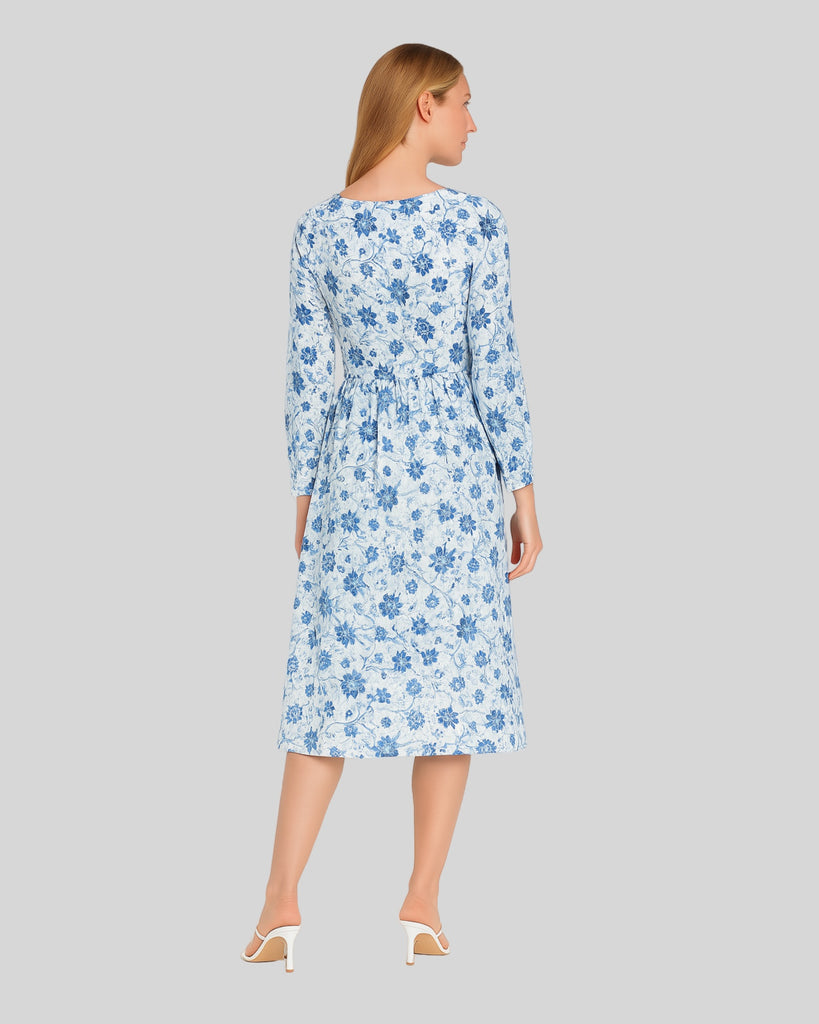 Woman Winter Long Sleeves Fashion Casual Floral Dress Emma Dress - Blue Floral/Cotton