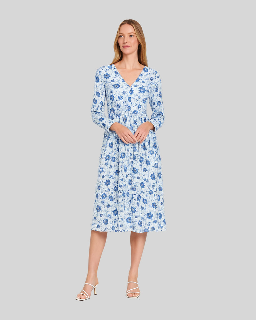 Woman Winter Long Sleeves Fashion Casual Floral Dress Emma Dress - Blue Floral/Cotton