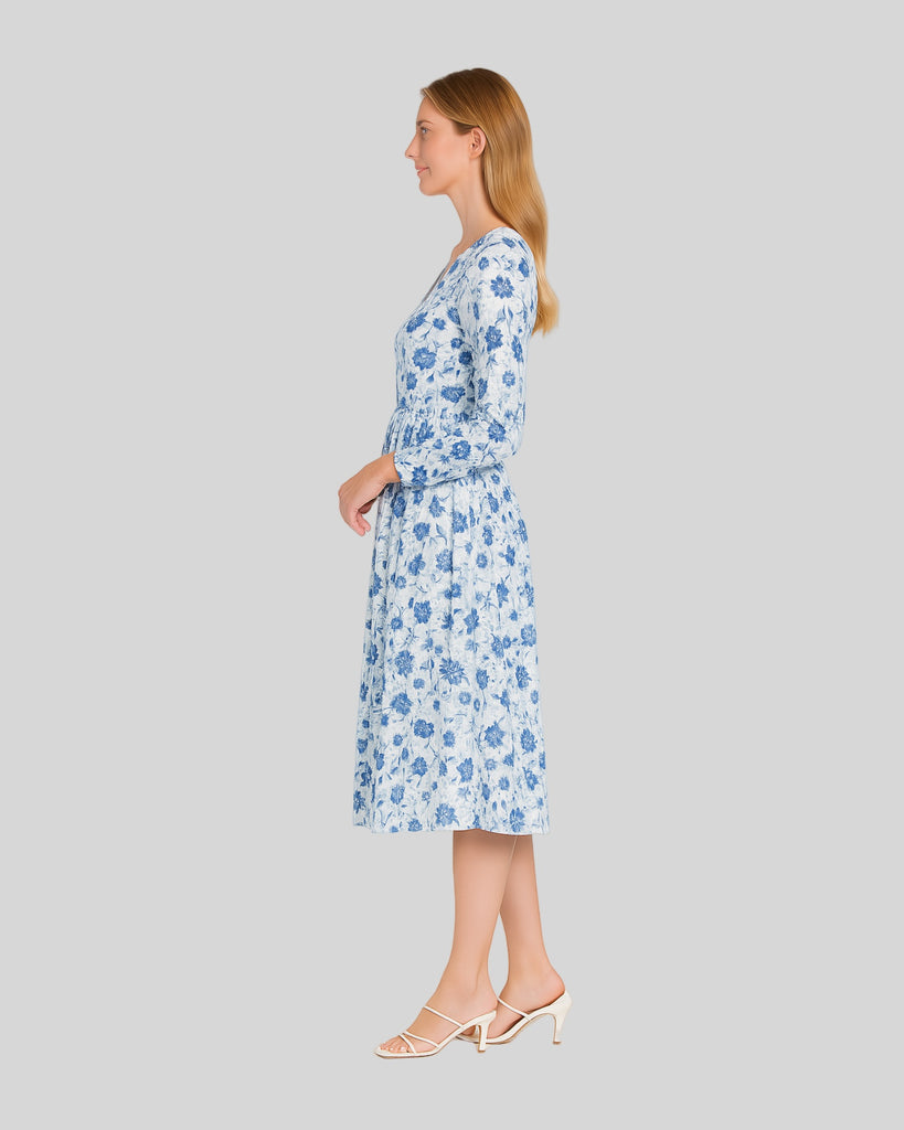 Woman Winter Long Sleeves Fashion Casual Floral Dress Emma Dress - Blue Floral/Cotton