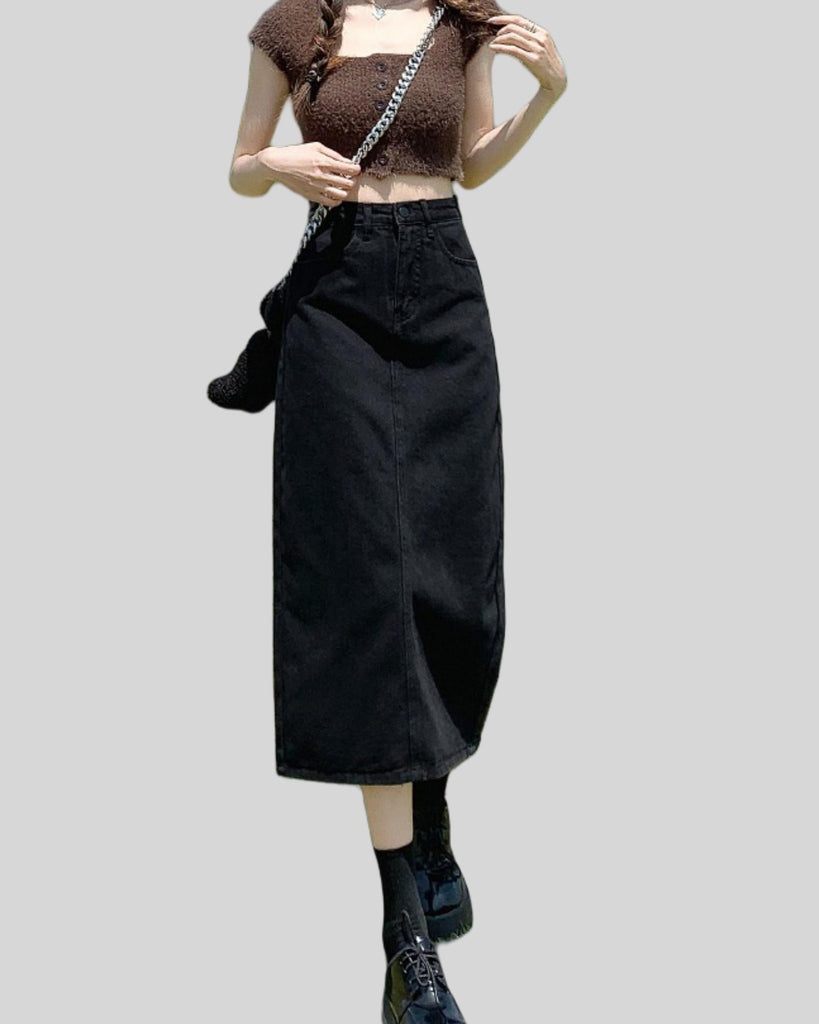Women's High Waisted Denim Skirt  Slit  A-Line Casual Long 