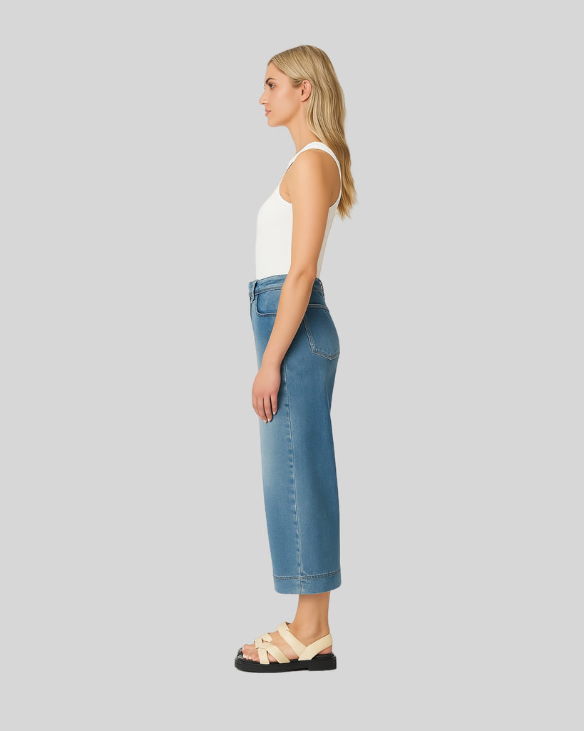 Women's wide leg high waisted elastic straight leg denim pants