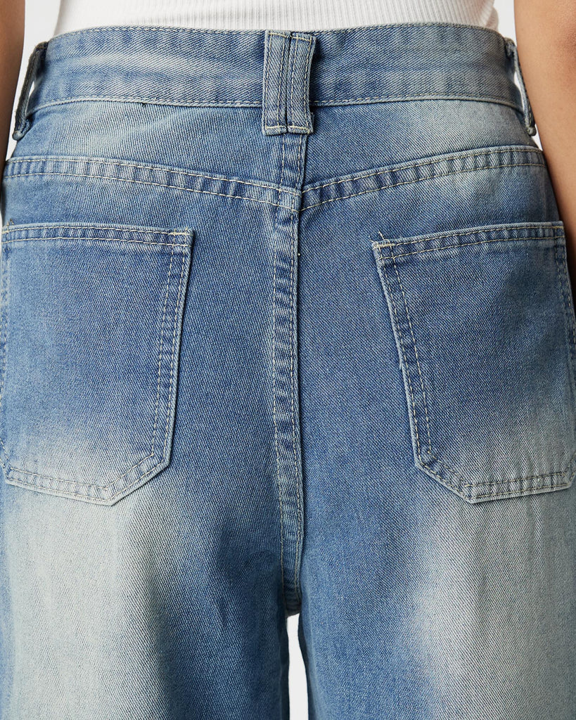 Women's wide leg high waisted elastic straight leg denim pants