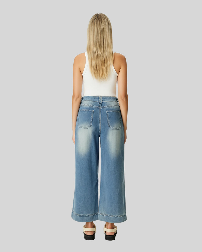 Women's wide leg high waisted elastic straight leg denim pants