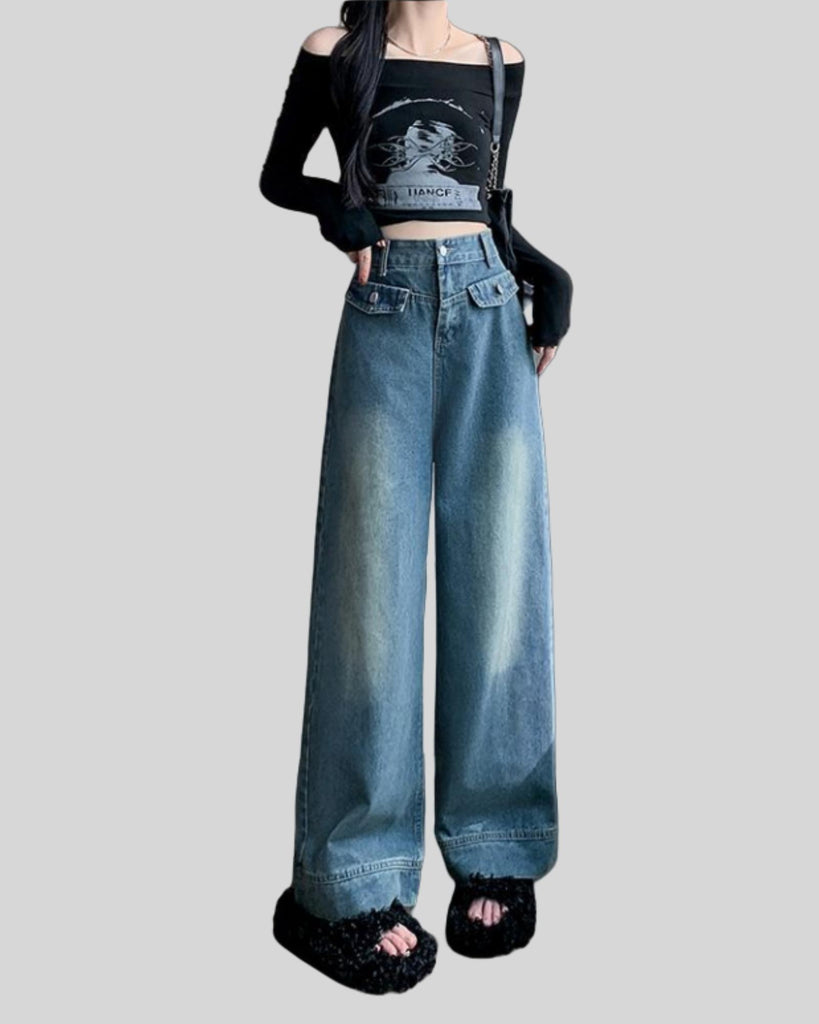 Women's wide leg high waisted elastic straight leg denim pants