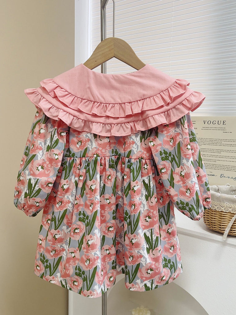 Girl's Puff Sleeve Sweetheart Neck Floral Print Ruffled A Line Swing Dress