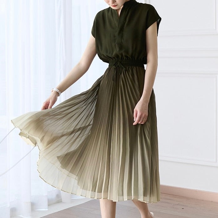 Women's waistband long skirt pleated dress