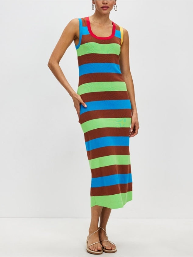 Women's Striped Print Sleeveless Rib Knit Cami Mini Bodycon Dress