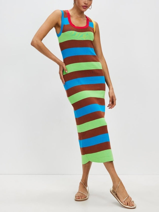 Women's Sleeveless Scoop Neck Striped Tank Dress Bodycon Knitted Midi Dresses